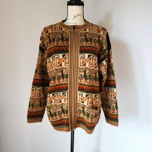 Arcohi's Alpaca Peruvian Mayan Zip-Up Cardigan Crewneck Pocket Brown